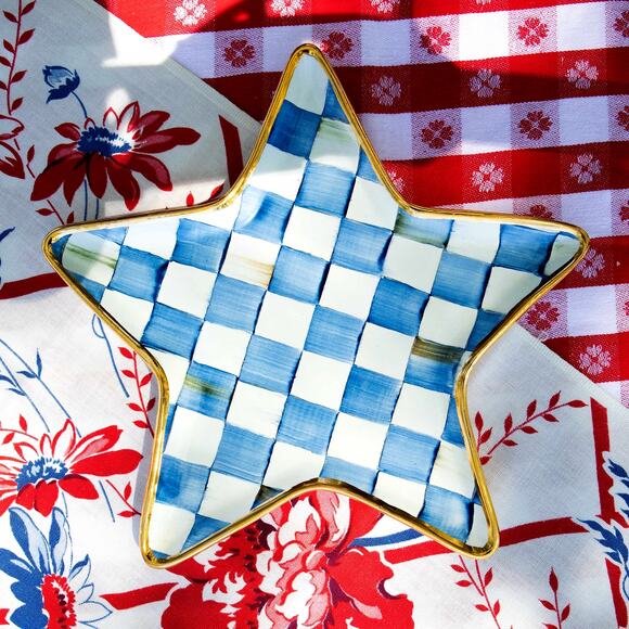 MacKenzie-Childs Royal Check Star Plate Limited Edition Blue & White NEW - Picture 3 of 10